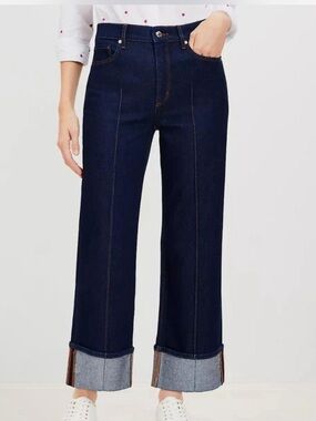 Loft NWOT dark wash high rise wide leg pintuck cuffed jeans 2024